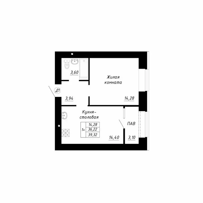 1-комнатная квартира: Стерлитамак, микрорайон Прибрежный (39.32 м) - Фото 1