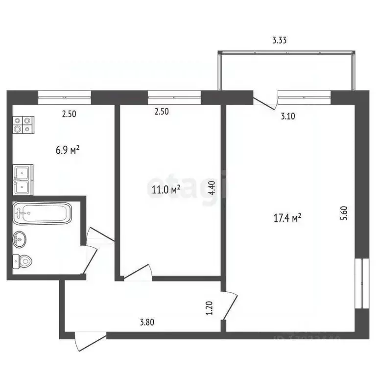 2-к кв. Тюменская область, Тюмень Ямская ул., 110 (43.5 м) - Фото 1