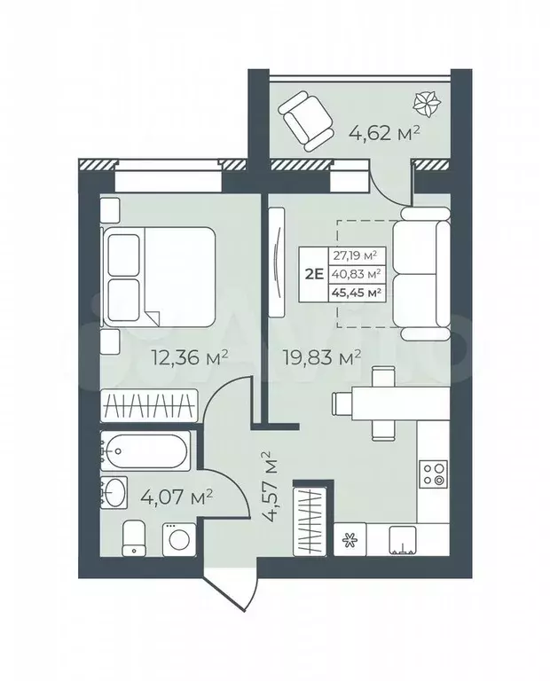 2-к. квартира, 45,5 м, 1/9 эт. - Фото 0
