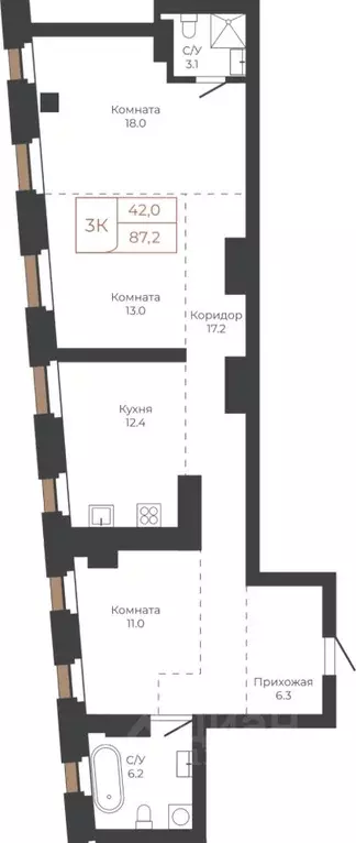 3-к кв. Алтайский край, Барнаул пл. Баварина, 8к1 (86.9 м) - Фото 1