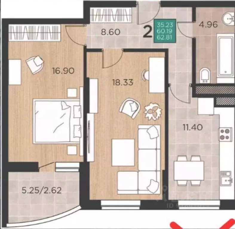 Квартира, 2 комнаты, 61.4 м - Фото 0