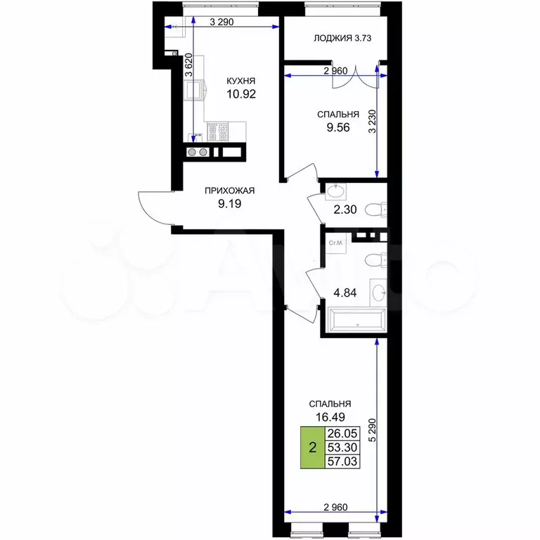 2-к. квартира, 57 м, 5/7 эт. - Фото 1
