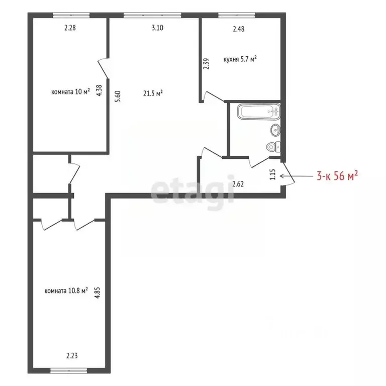 3-к кв. Свердловская область, Екатеринбург ул. Лукиных, 8 (56.0 м) - Фото 2