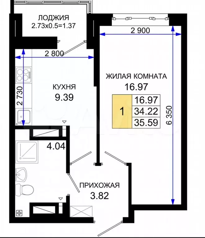 1-к. квартира, 35,6 м, 6/25 эт. - Фото 1