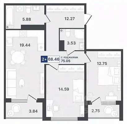 2-к кв. Тюменская область, Тюмень Ставропольская ул., 1 (68.46 м) - Фото 0