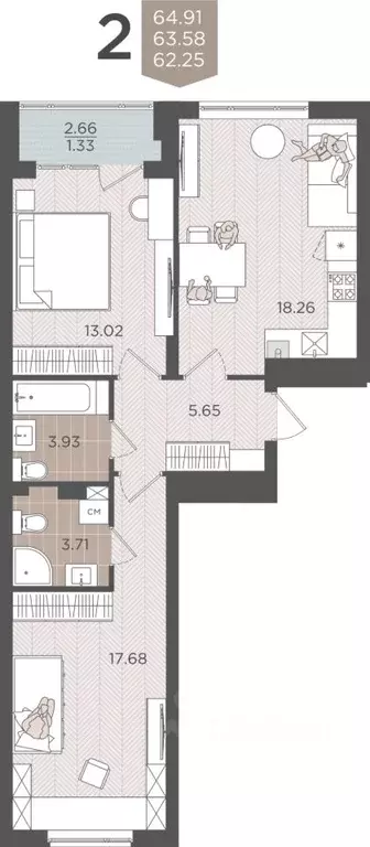 2-к кв. Калининградская область, Калининград Батальная ул., 65Б (63.58 ... - Фото 0