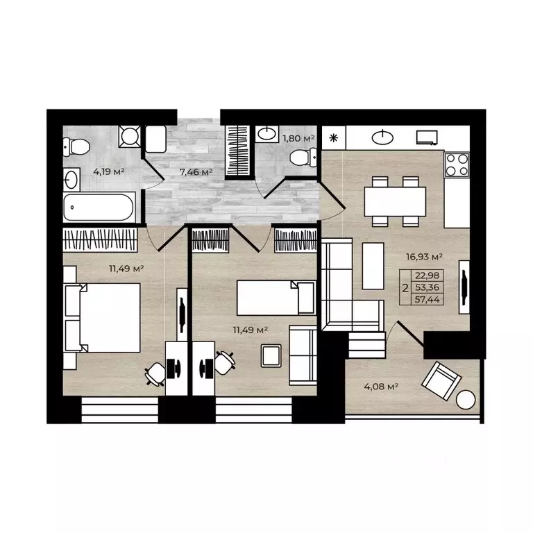 2-к кв. Ярославская область, Ярославль Тормозное ш. (57.44 м) - Фото 1