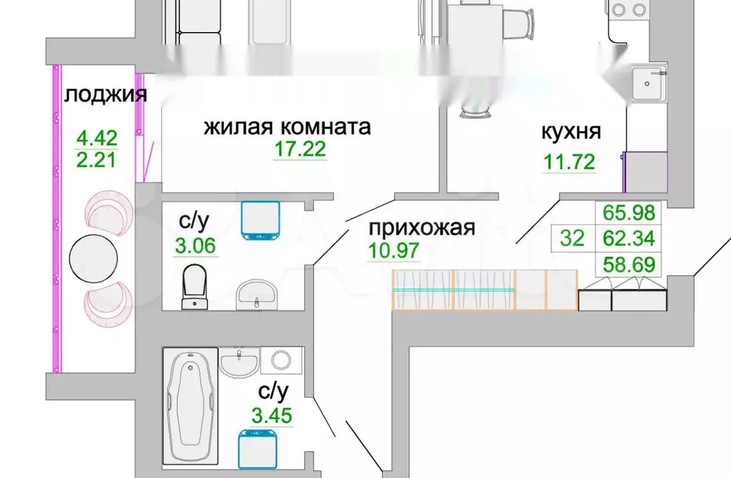 2-к. квартира, 66 м, 9/9 эт. - Фото 1
