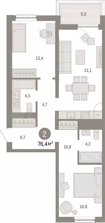 2-к. квартира, 76,4 м, 4/9 эт. - Фото 1