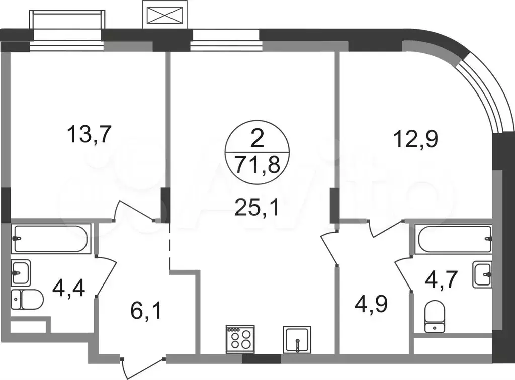 2-к. квартира, 71,8 м, 5/9 эт. - Фото 0