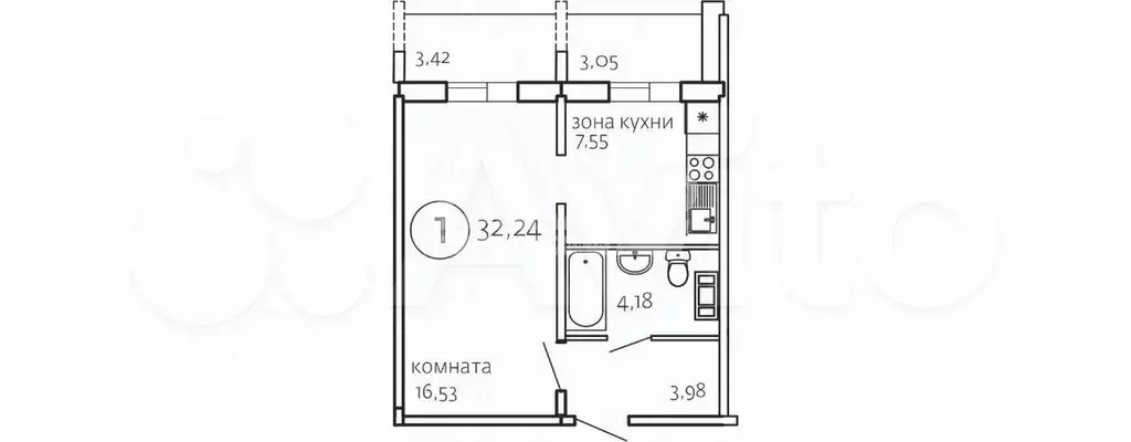 1-к. квартира, 32,2 м, 7/10 эт. - Фото 0