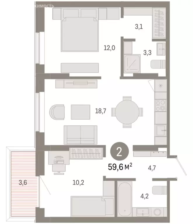 2-комнатная квартира: Омск, Кировский округ (59.63 м) - Фото 1