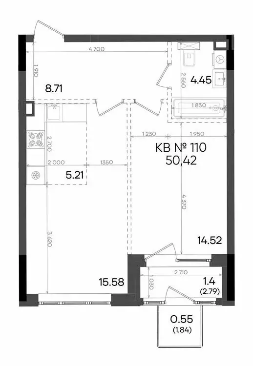 2-комнатная квартира: Казань, улица Аделя Кутуя, 181Ж (50.42 м) - Фото 0