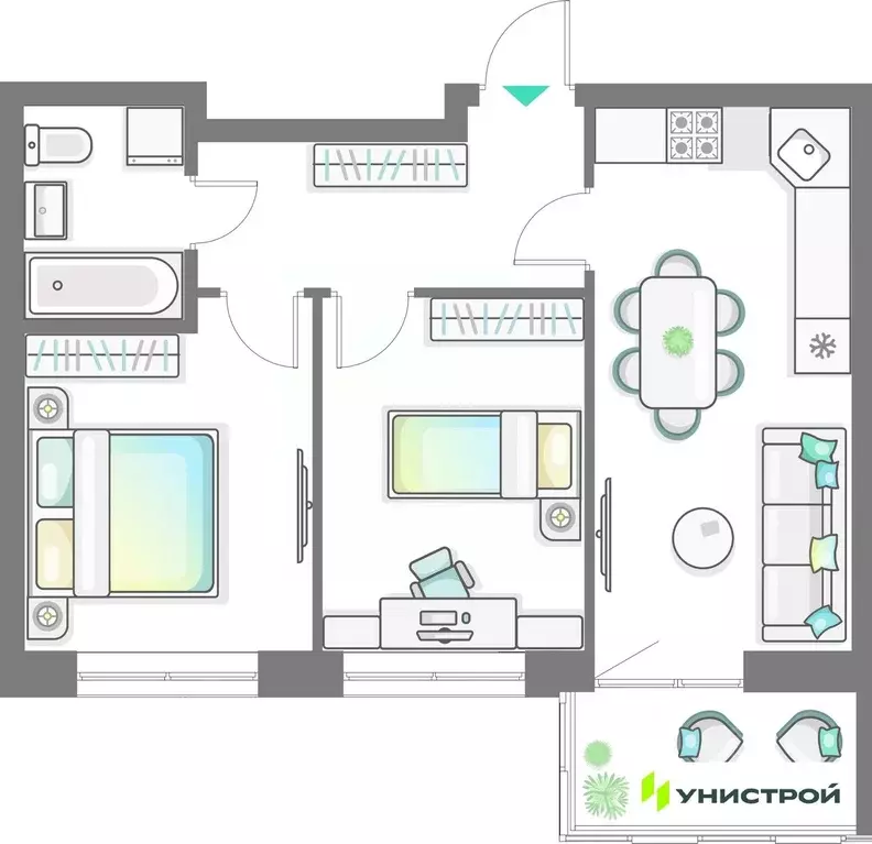 2-к кв. Татарстан, Казань Лето жилой комплекс (51.34 м) - Фото 1