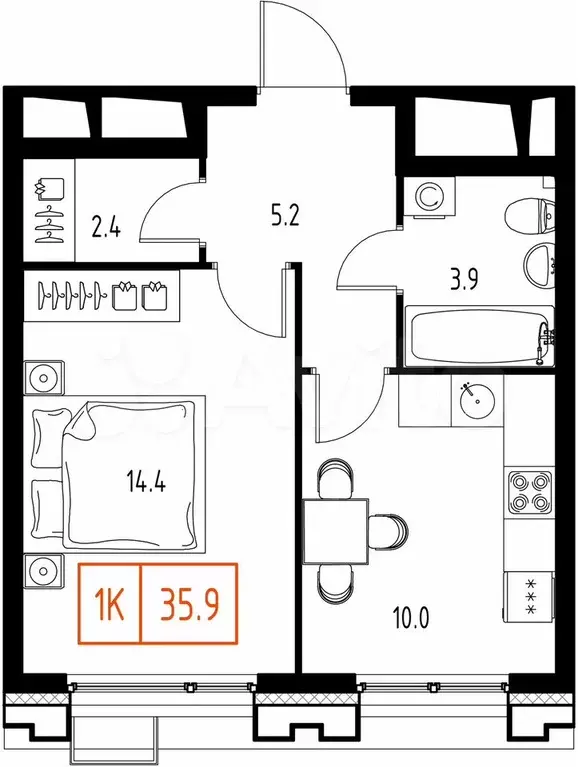 1-к. квартира, 35,9 м, 3/9 эт. - Фото 0