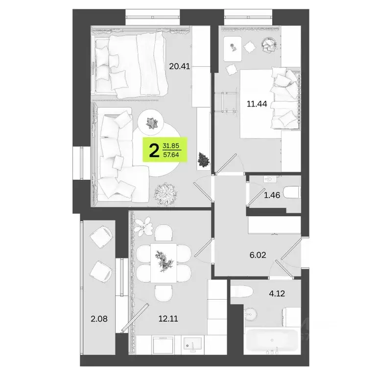 2-к кв. Башкортостан, Уфа ул. Акназарова, 20 (57.64 м) - Фото 1