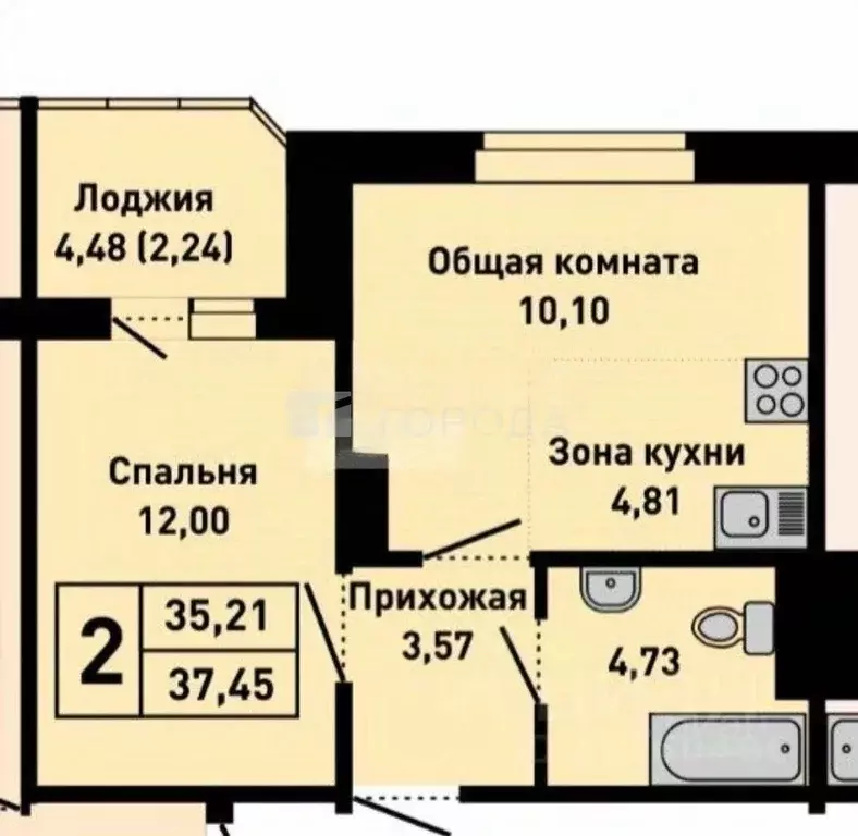 2-к кв. Алтайский край, Барнаул ул. 65 лет Победы, 23 (35.2 м) - Фото 1