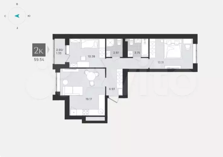2-к. квартира, 59,5 м, 5/9 эт. - Фото 1