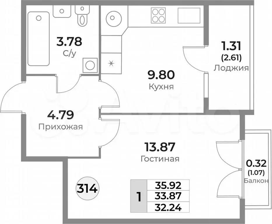 1-к. квартира, 33,9 м, 10/10 эт. - Фото 1