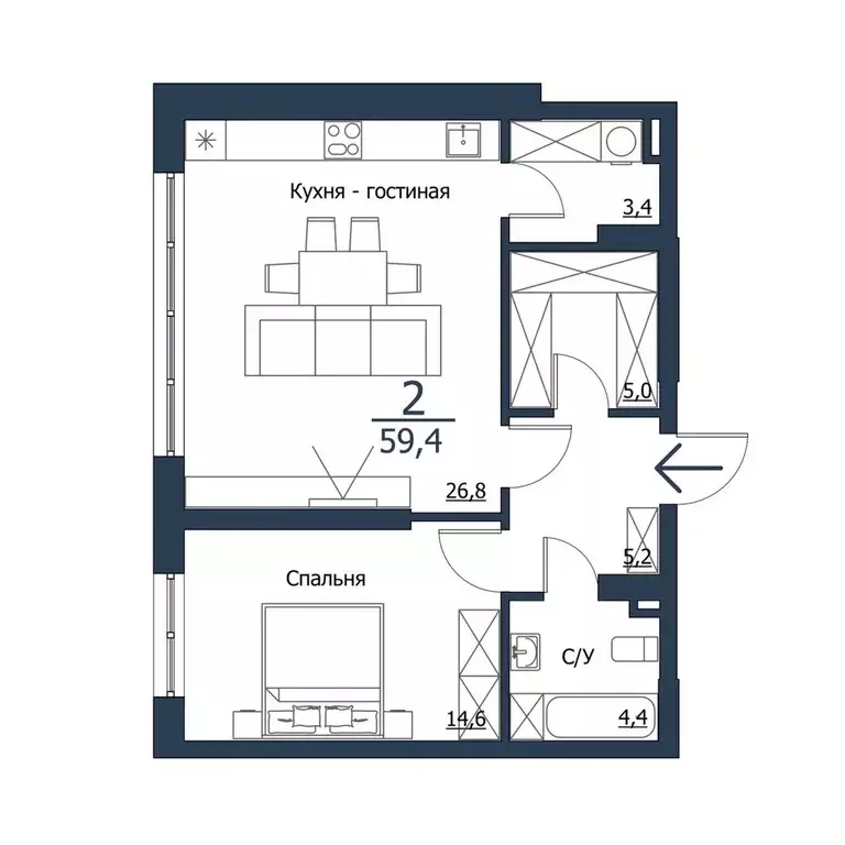 Продаётся 1-к квартира, 59.4 м - Фото 0
