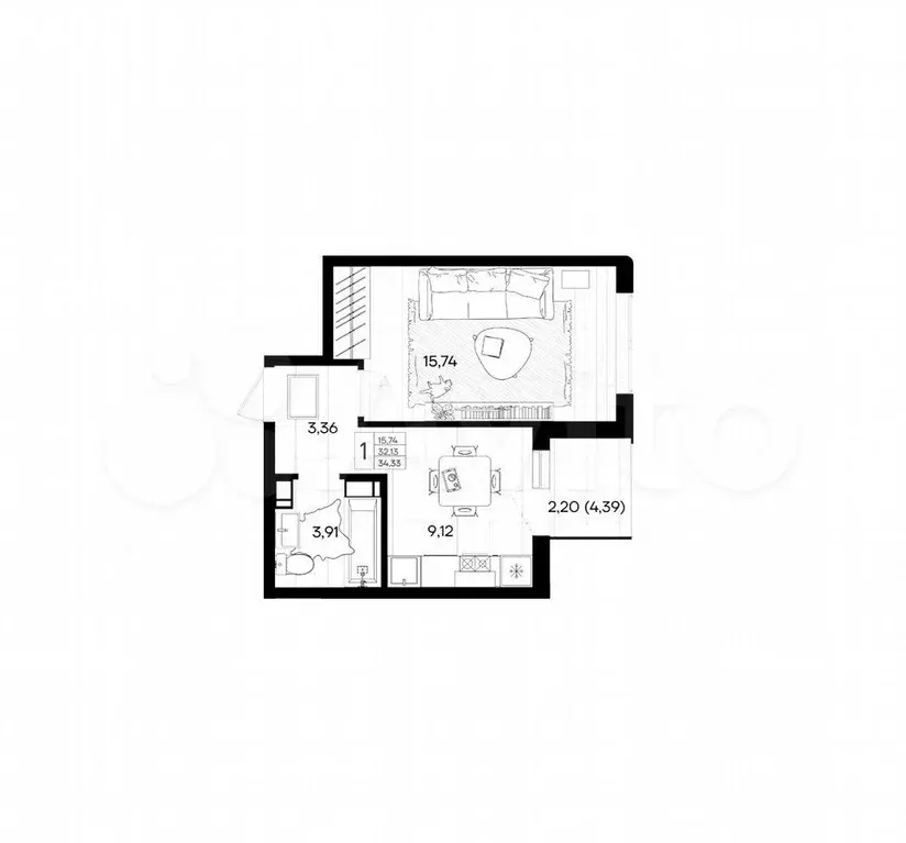 1-к. квартира, 34,3 м, 7/9 эт. - Фото 1