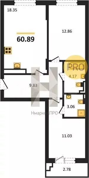 2-к. квартира, 60,9 м, 1/4 эт. - Фото 1