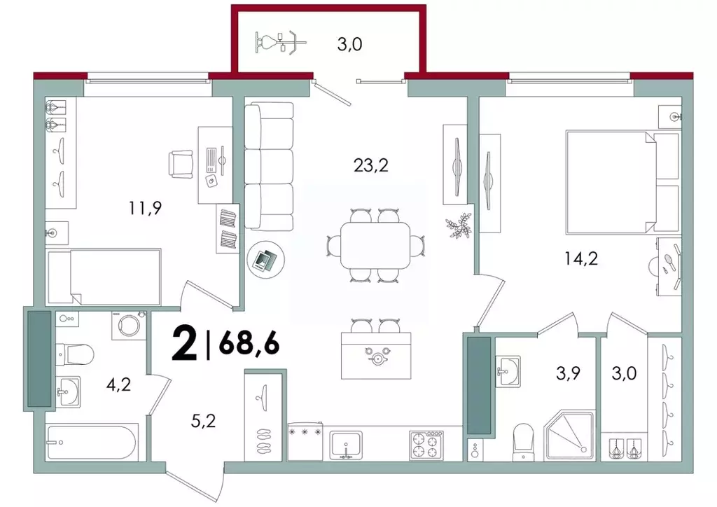 2-к кв. Тверская область, Тверь Южный жилой комплекс (68.6 м) - Фото 0
