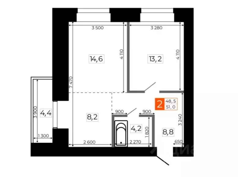 2-к кв. Амурская область, Благовещенск Литейная ул., 33 (51.2 м) - Фото 2