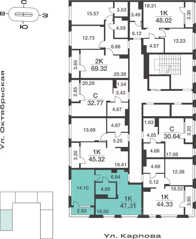 1-к кв. Тульская область, Тула ул. Карпова, 103А (47.31 м) - Фото 1