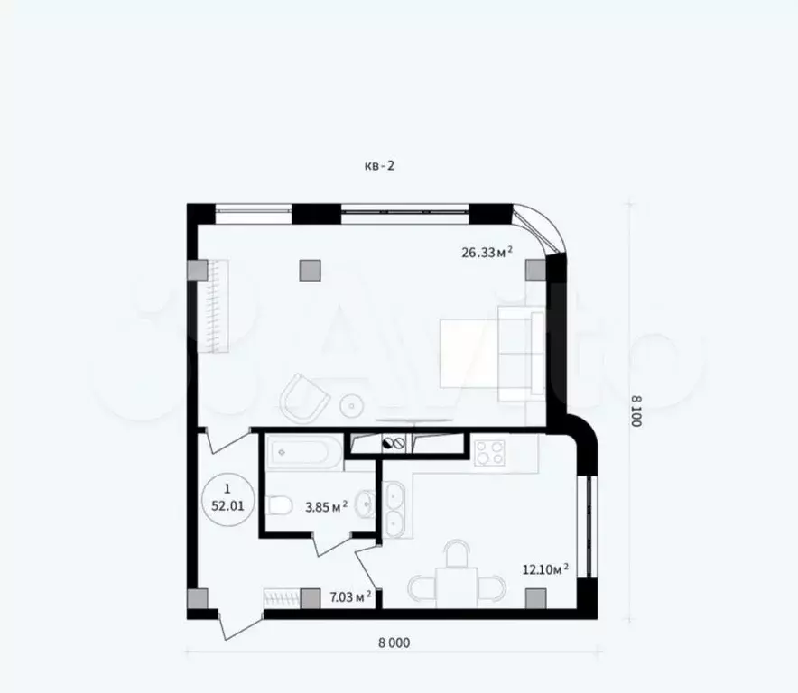 1-к. квартира, 52 м, 5/11 эт. - Фото 0