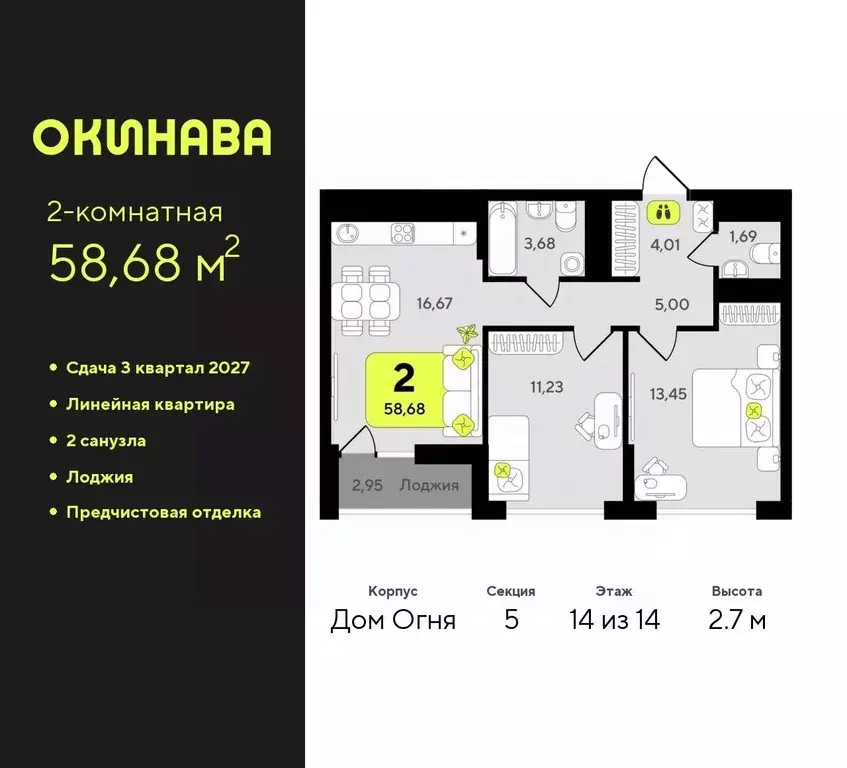 2-к кв. Тюменская область, Тюмень Окинава жилой комплекс (58.68 м) - Фото 0