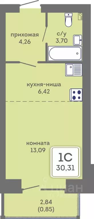Студия Пермский край, Пермь Кировоградская ул., 28 (30.31 м) - Фото 1