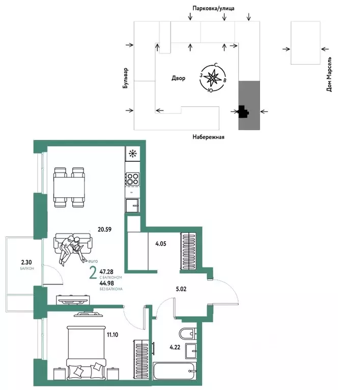 2-к кв. Тюменская область, Тюмень Береговая ул., 100к2 (47.28 м) - Фото 1
