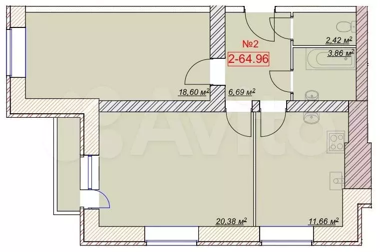 2-к. квартира, 65 м, 1/9 эт. - Фото 0