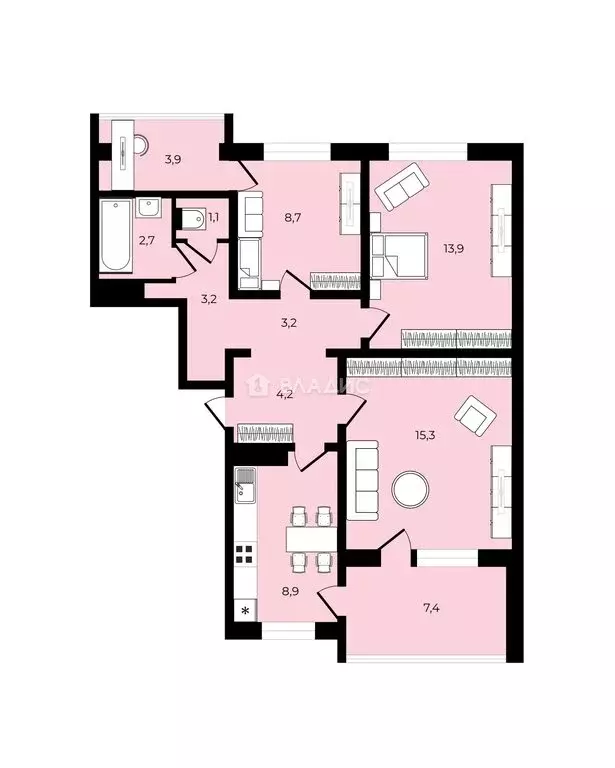 3-комнатная квартира: Адлер, улица Голубые Дали, 25 (61.2 м) - Фото 2