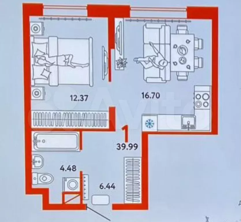 1-к. квартира, 40 м, 11/14 эт. - Фото 0