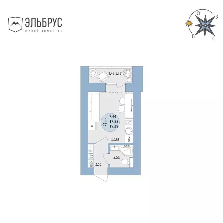 Квартира-студия: Уфа, микрорайон Юрюзань, ЖК Эльбрус, ск1 (19.28 м) - Фото 1