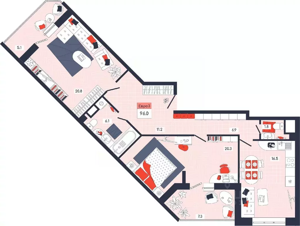 3-к кв. Тульская область, Тула ул. Академика Насоновой, 9 (96.0 м) - Фото 1