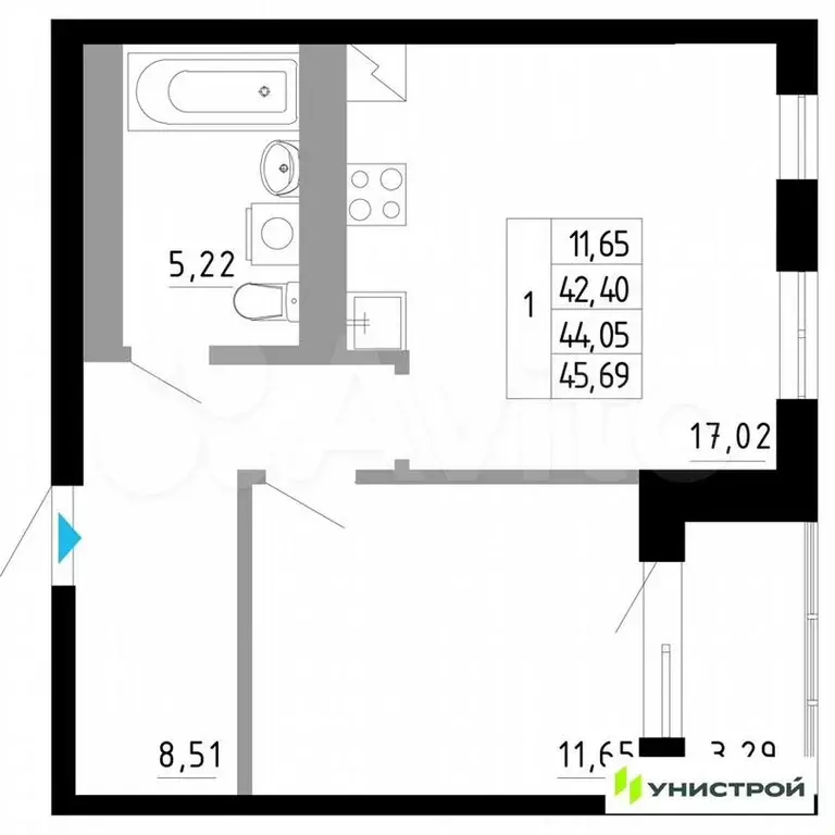 1-к. квартира, 44,1 м, 9/27 эт. - Фото 0