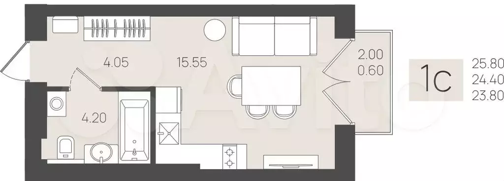 Квартира-студия, 23,8 м, 5/5 эт. - Фото 1