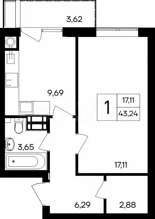 1-к. квартира, 43,2 м, 5/8 эт. - Фото 0