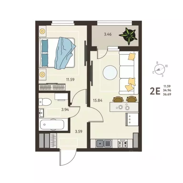 Студия Курская область, Курск Красная пл. (36.69 м) - Фото 1