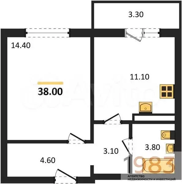 1-к. квартира, 38 м, 3/7 эт. - Фото 0