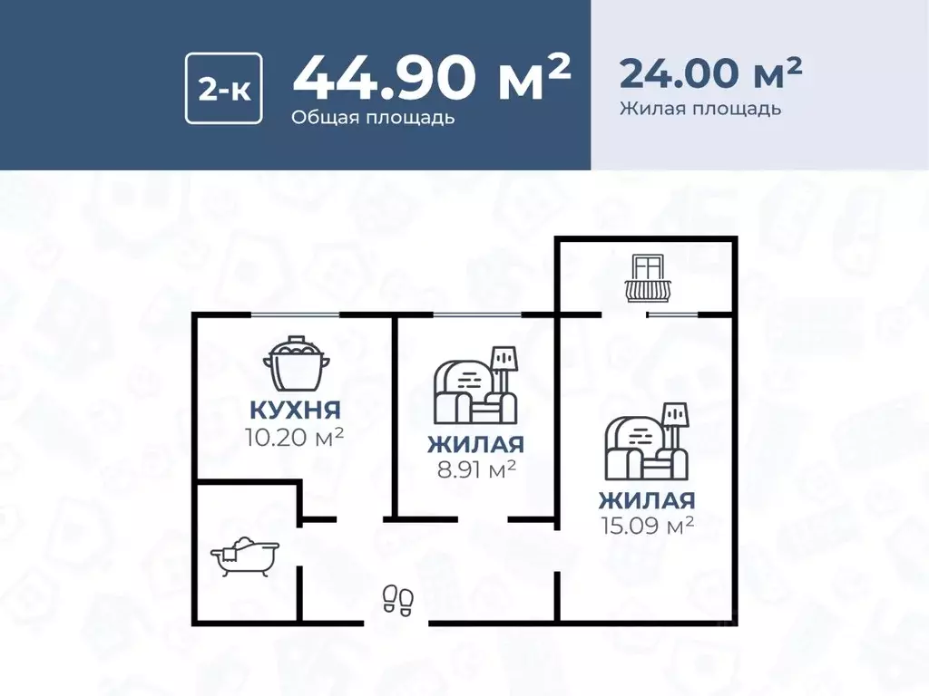 2-к кв. Волгоградская область, Волгоград ул. Иссы Плиева, 7 (44.9 м) - Фото 1