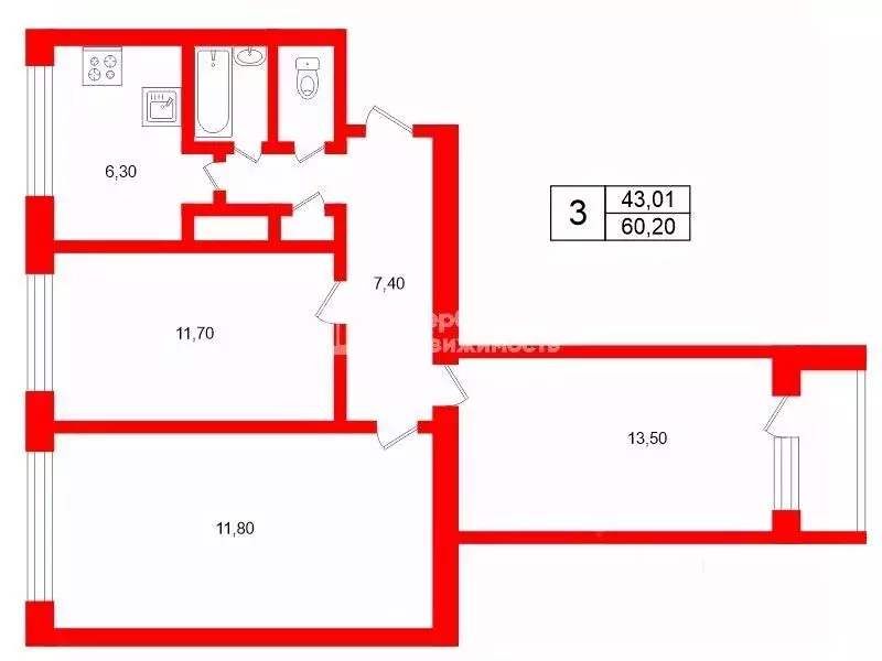 3-к кв. Санкт-Петербург ул. Руднева, 27К1 (60.2 м) - Фото 2
