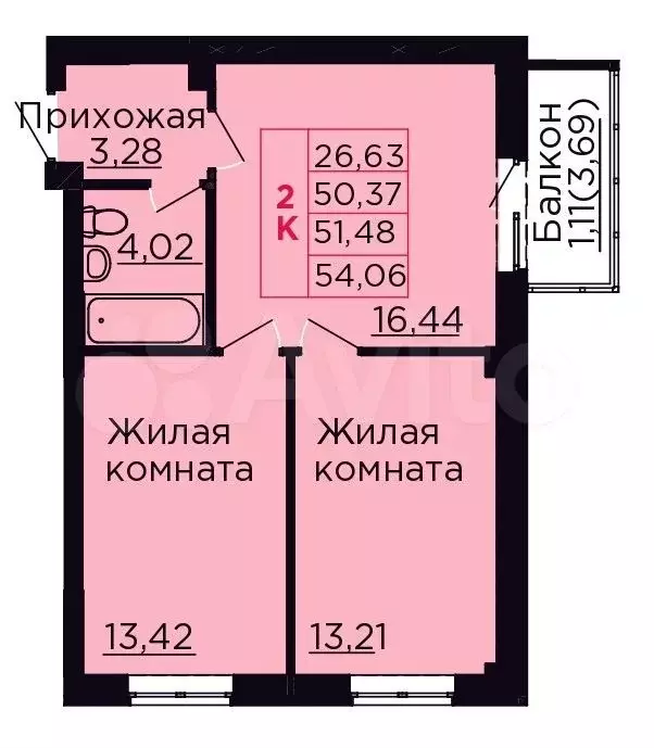 2-к. квартира, 51,5 м, 1/9 эт. - Фото 0