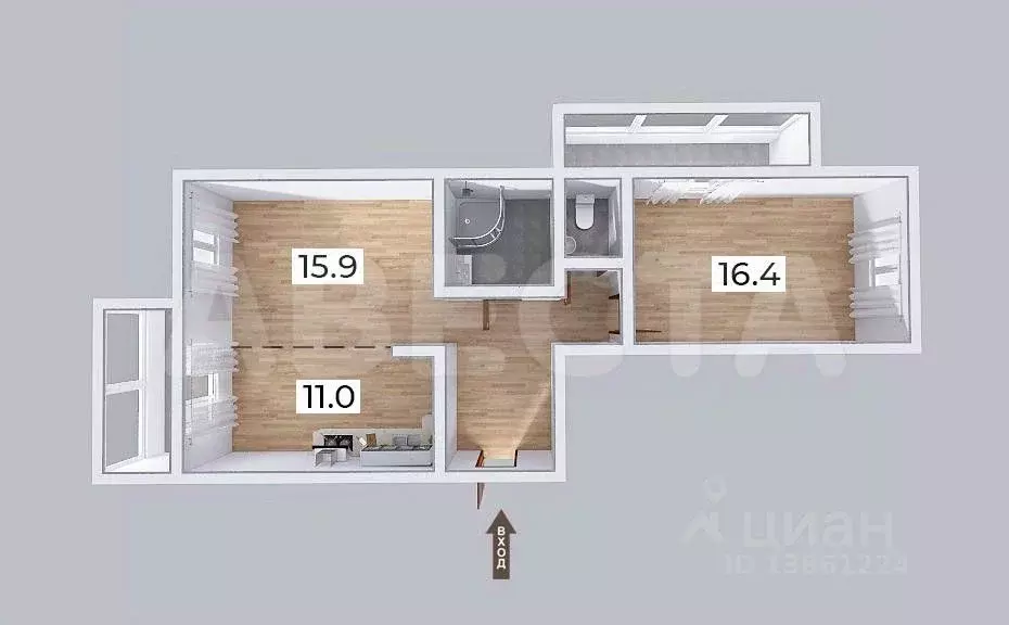 2-к кв. Омская область, Омск ул. Перелета, 27 (65.0 м) - Фото 1