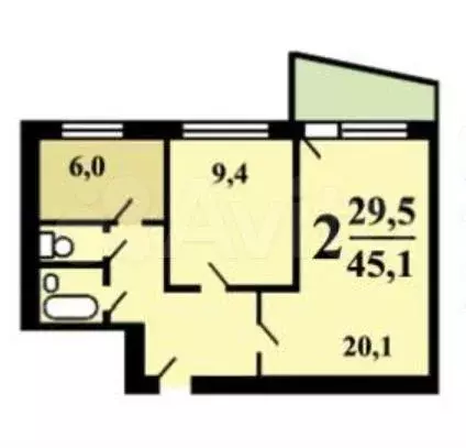 2-к. квартира, 45,1 м, 2/9 эт. - Фото 0