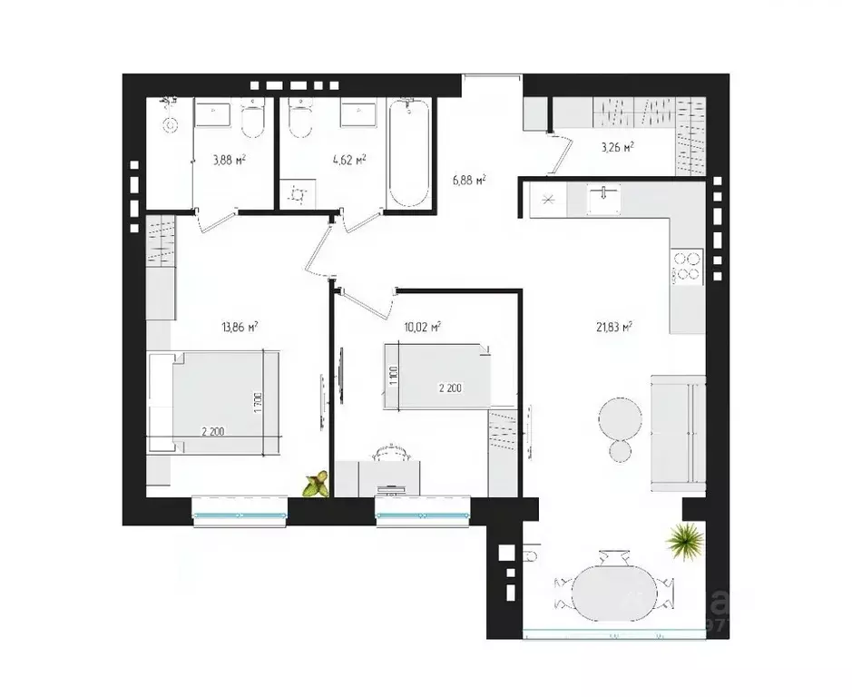 2-к кв. Брянская область, Брянск ул. Некрасова, 20 (63.4 м) - Фото 1