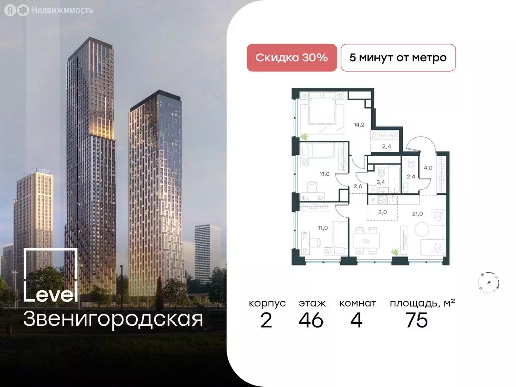 4-комнатная квартира: Москва, жилой комплекс Левел Звенигородская, к2 ... - Фото 0